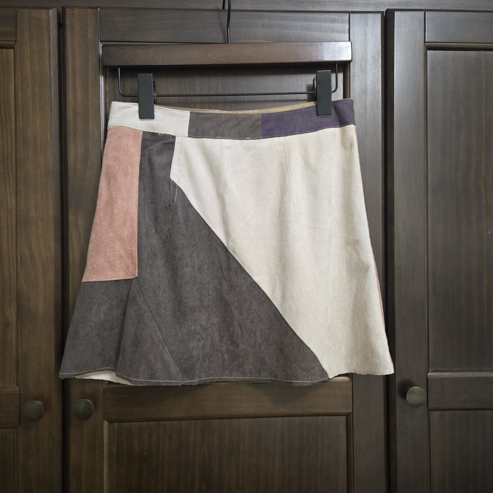 Fashion Nova Faux Suede Patchwork Mini Skirt Beige Pink Purple Hippie 90s Small - Picture 3 of 12